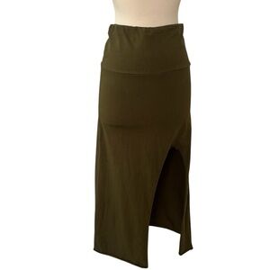 Midi maxi skirt side slit raw hem green XS/S